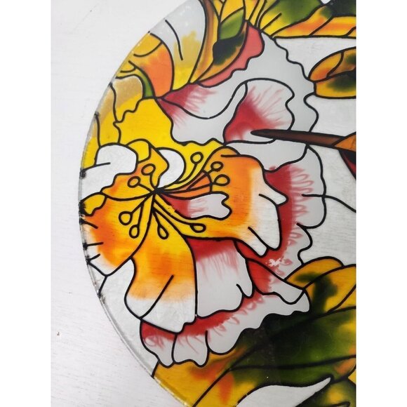 Stained Glass Hummingbird & Flowers Round Display Plate Decorative Yellow Green - Picture 3 of 5